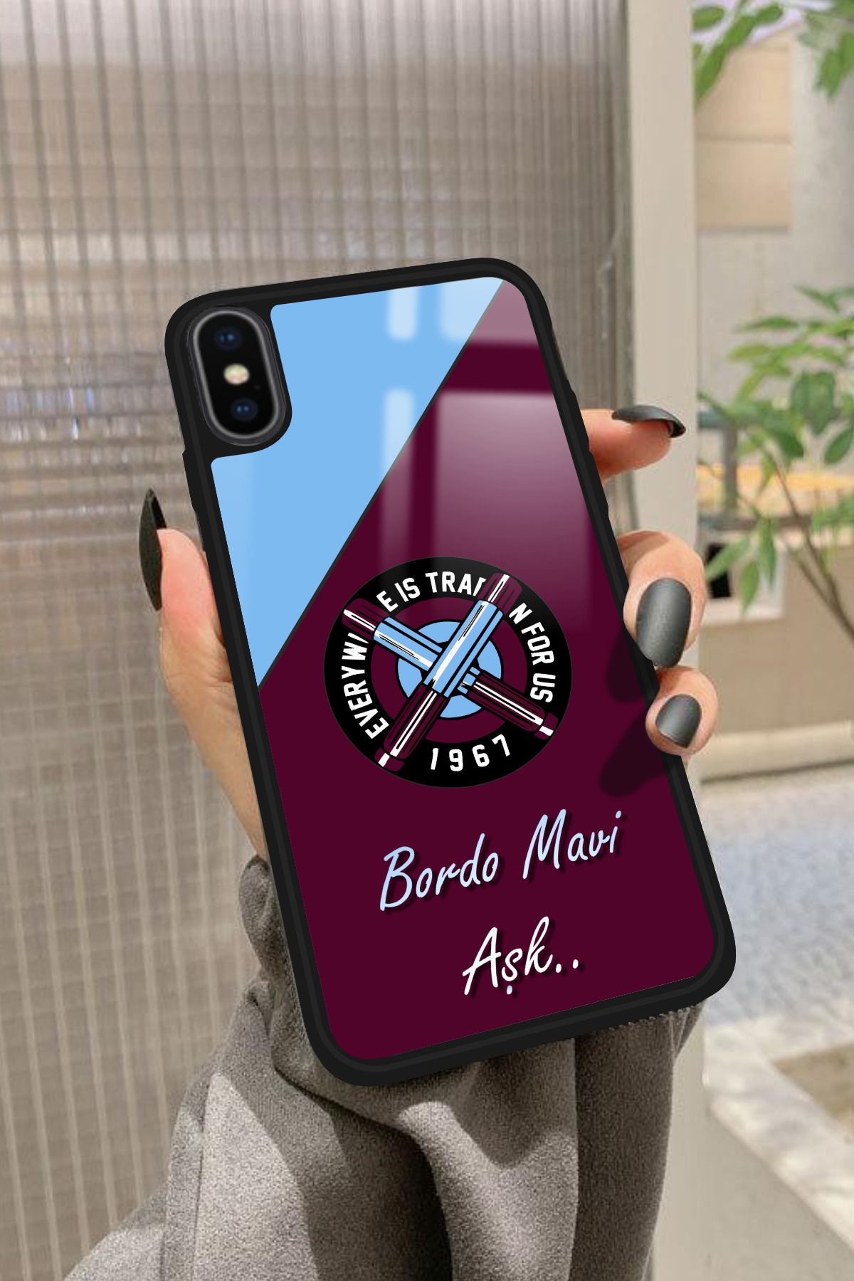Snacase iPhone Xs Max Uyumlu Bordo Mavi Aşk Yazılı Glossy Premium Kılıf