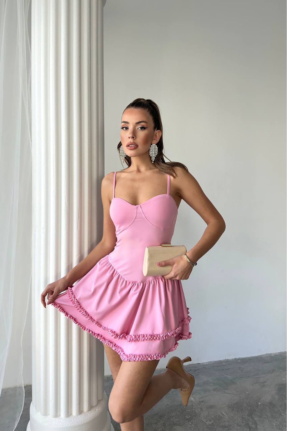 Neşeli Butik kadın gloplu fırfır detaylı mini elbise NBDF043