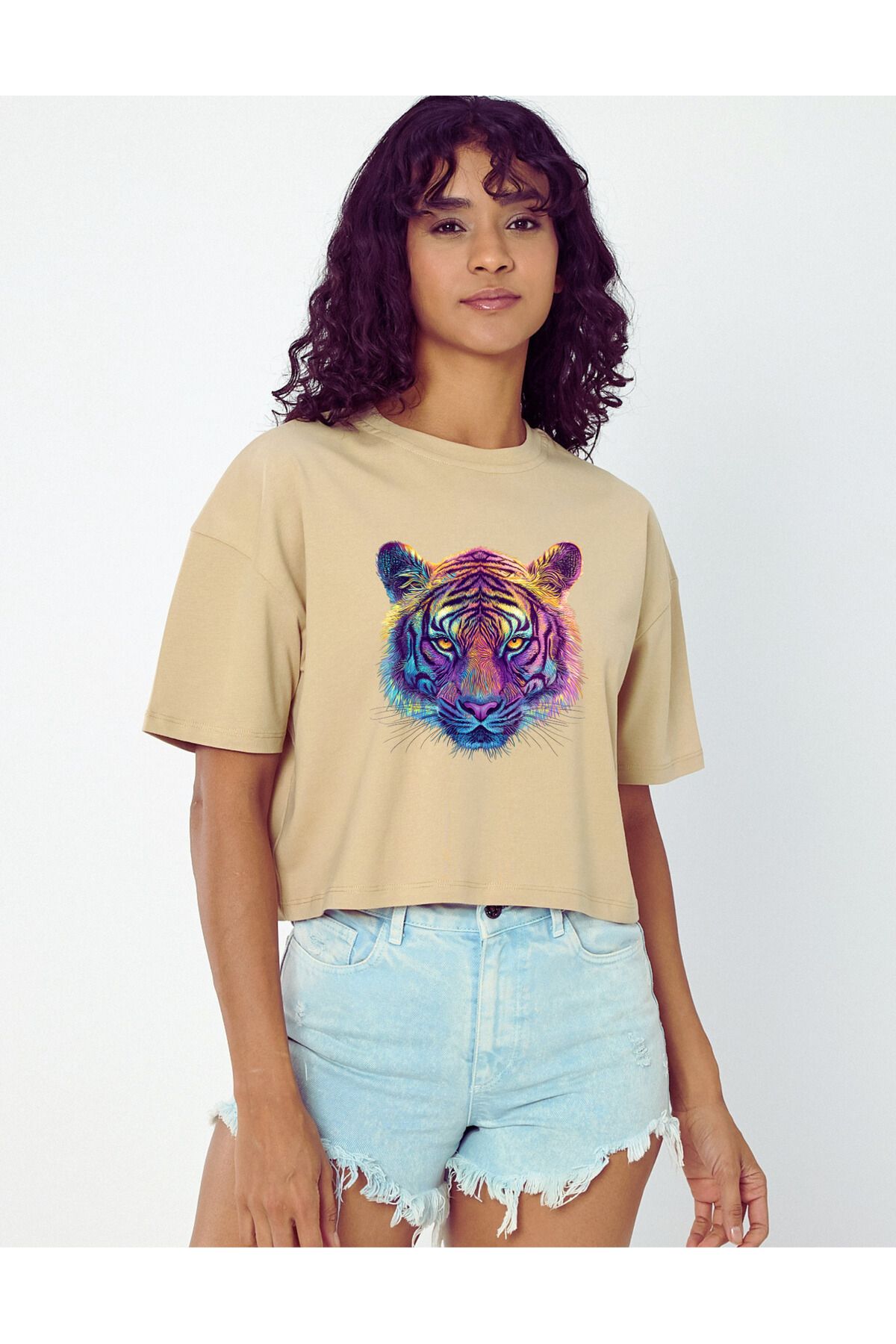Windy Island Kadın Bisiklet Yaka Kaplan Baskılı Crop T-shirt