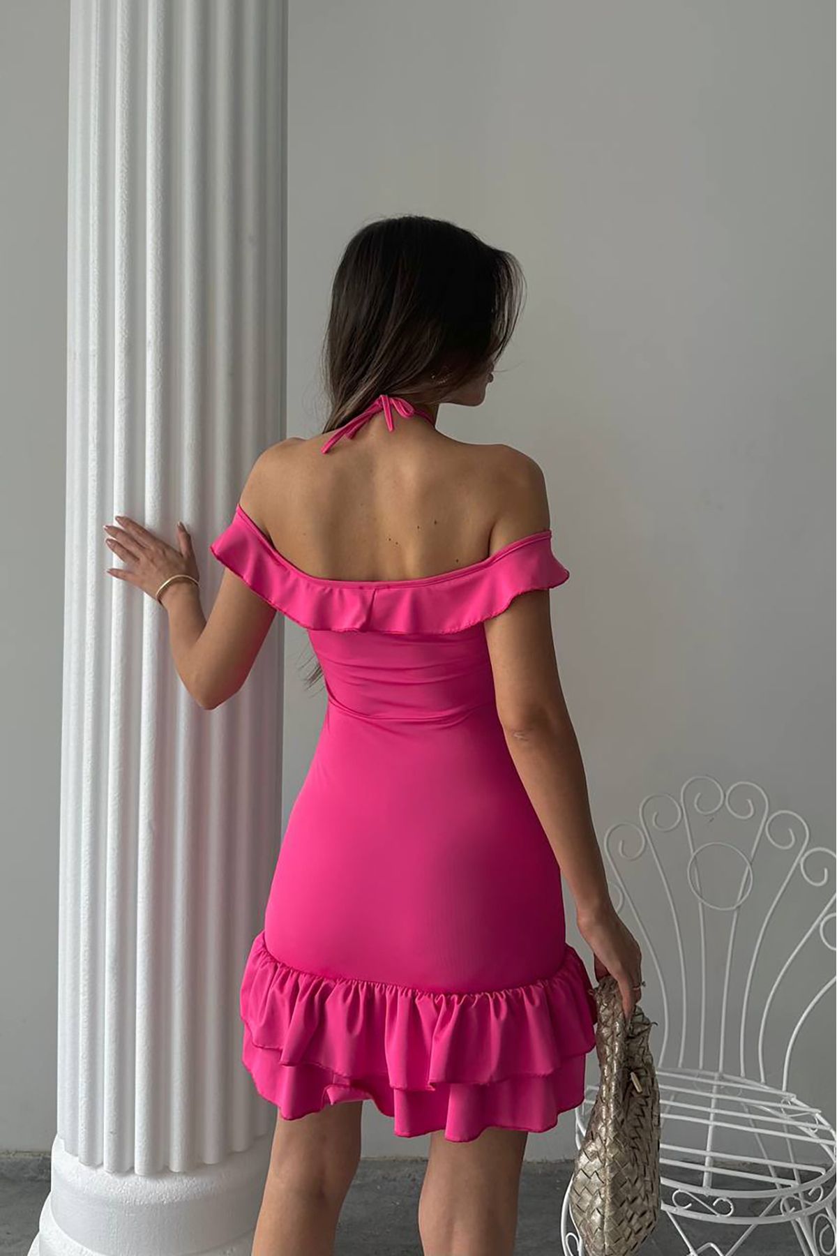 Neşeli Butik kadın likralı bağcık detaylı mini elbise NBDF041