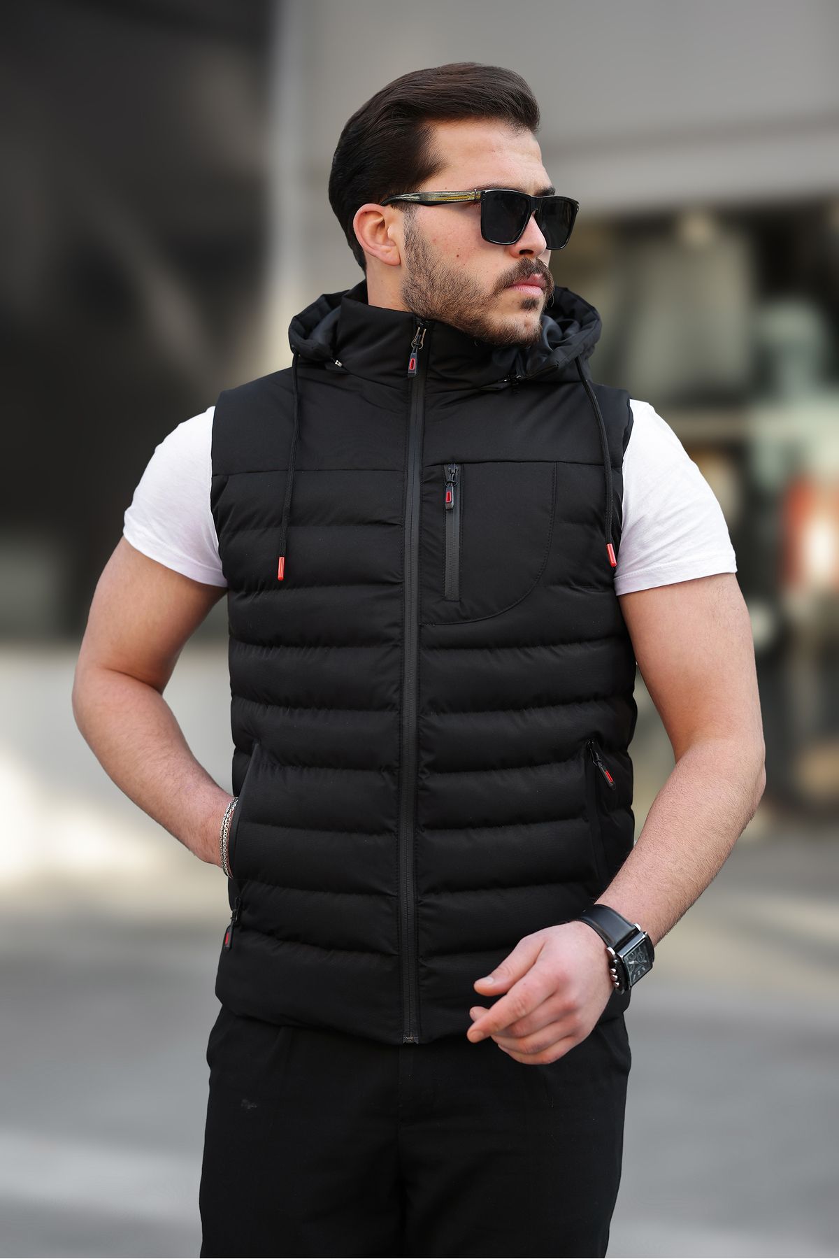 KOCCI Su ve Rüzgar Geçirmez Çıkabilir Kapüşonlu Erkek Şişme Ceket Yelek