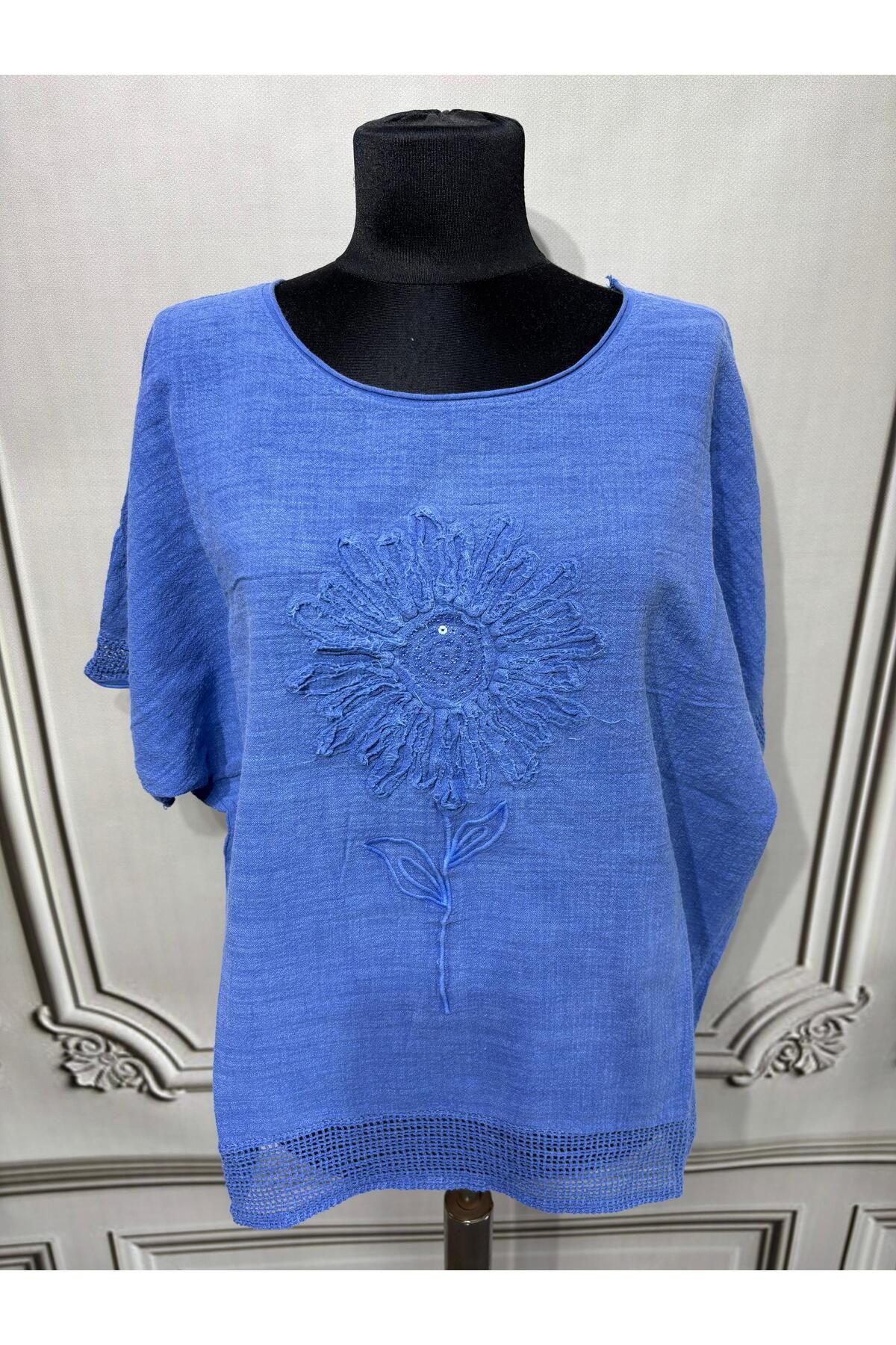 AGORATEKSTİL Kadın Oversize Kabartmalı Fileli %100 Keten Bluz