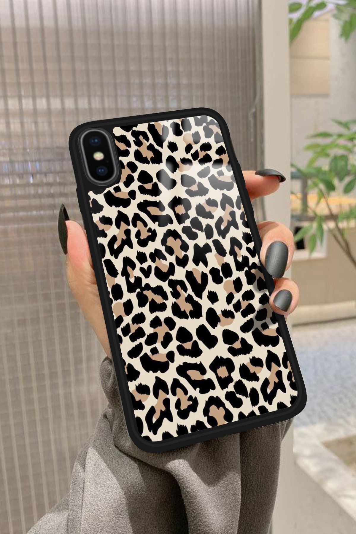 Snacase iPhone Xs Uyumlu Kahverengi Leopar Tasarımlı Glossy Premium Kılıf