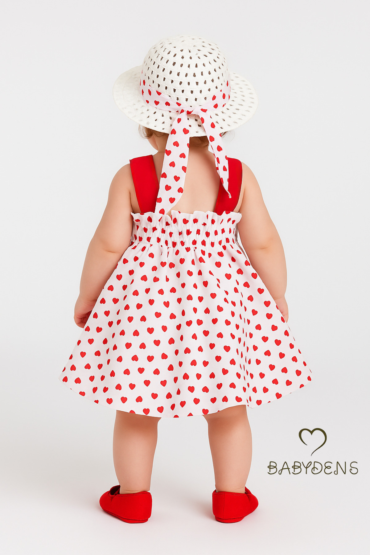 BABYDEN'S Kız Bebek Kalp Desenli Fiyonklu Yazlık Elbise Şapkalı Takım - Kırmızı Beyaz Pamuklu Bebek Elbisesi fotoğrafı 2 (önizleme)
