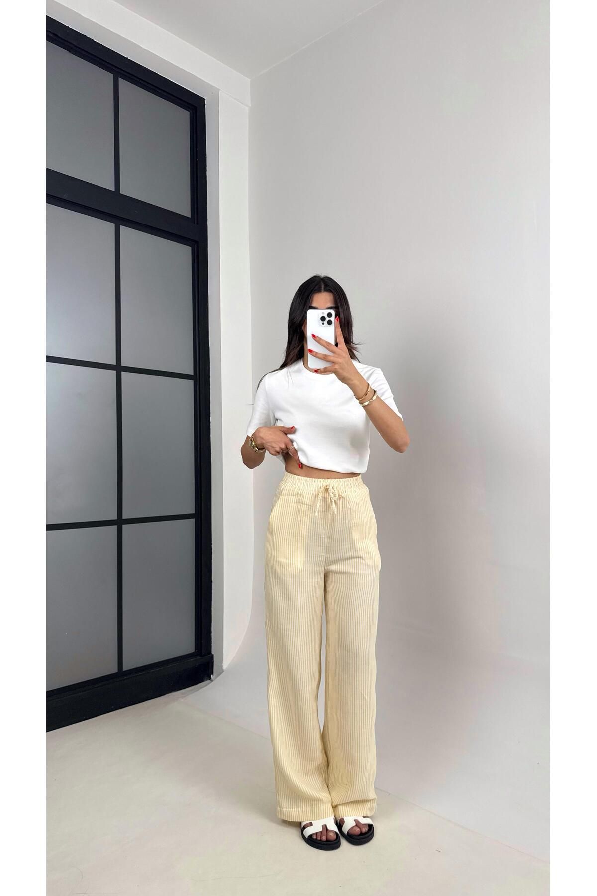 Gaus Sarı Beyaz Şeritli Beli Lastikli Keten Pantolon Gaus00479