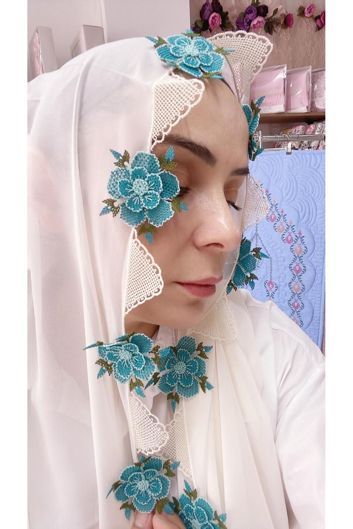 AHSEN TASARIM ipek ipten iğne oyalı krep namaz tülbenti