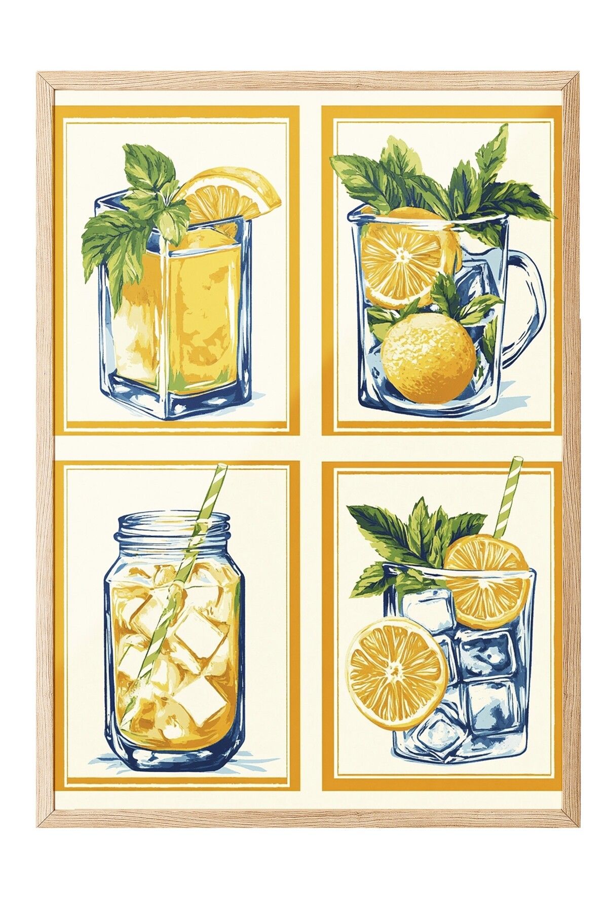 Postifull Ahşap Çerçeveli Tablo, Cam, Limon, Buz, İllüstrasyon, Düz İllüstrasyon, Turuncu, Yeşil Renk Poster,