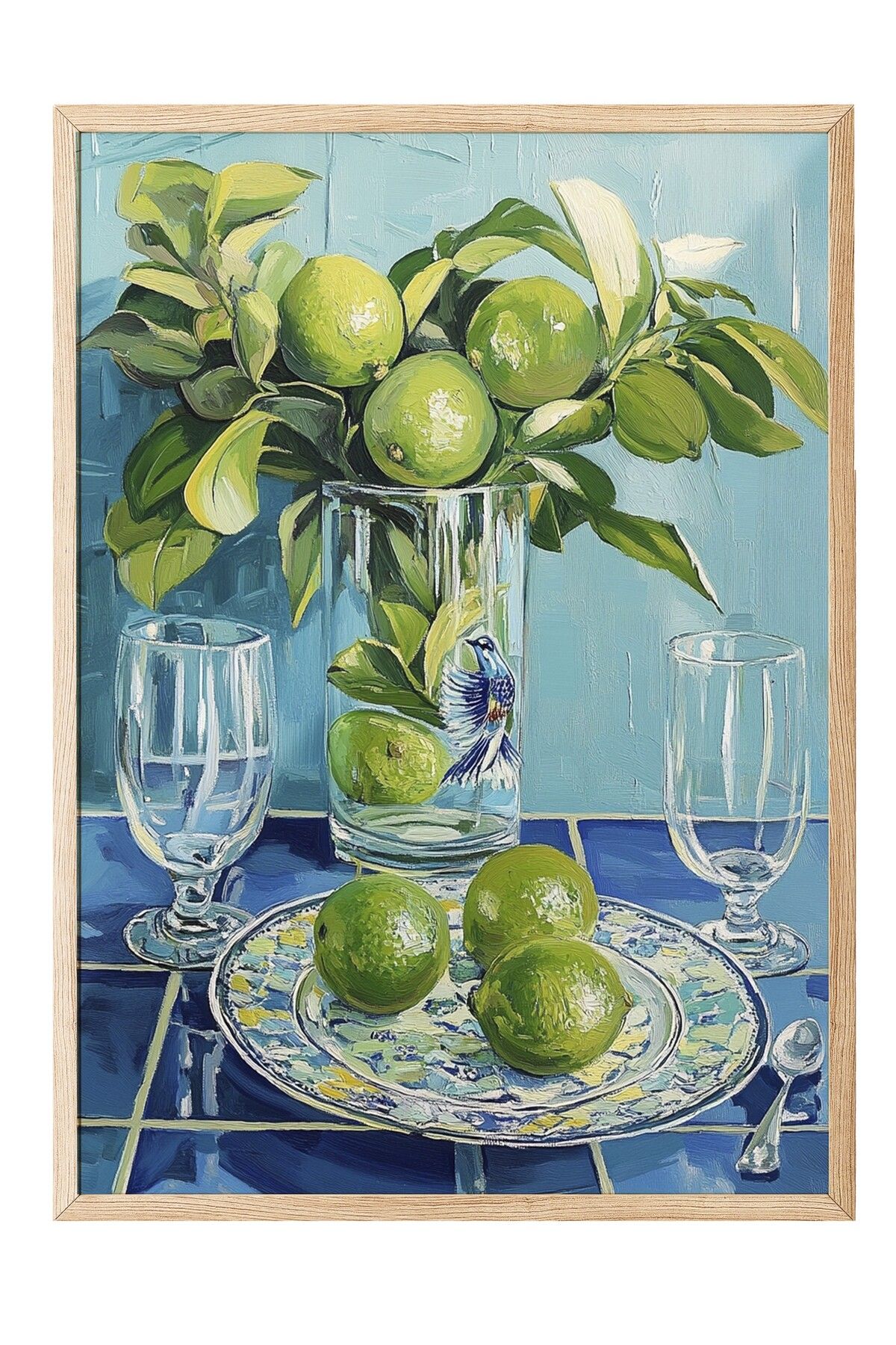 Postifull Ahşap Çerçeveli Tablo, Limon, Vazo, Tabak, Yağlıboya Tablo, Yeşil, Mavi Renk Poster, 2025 Yaz Seçkis