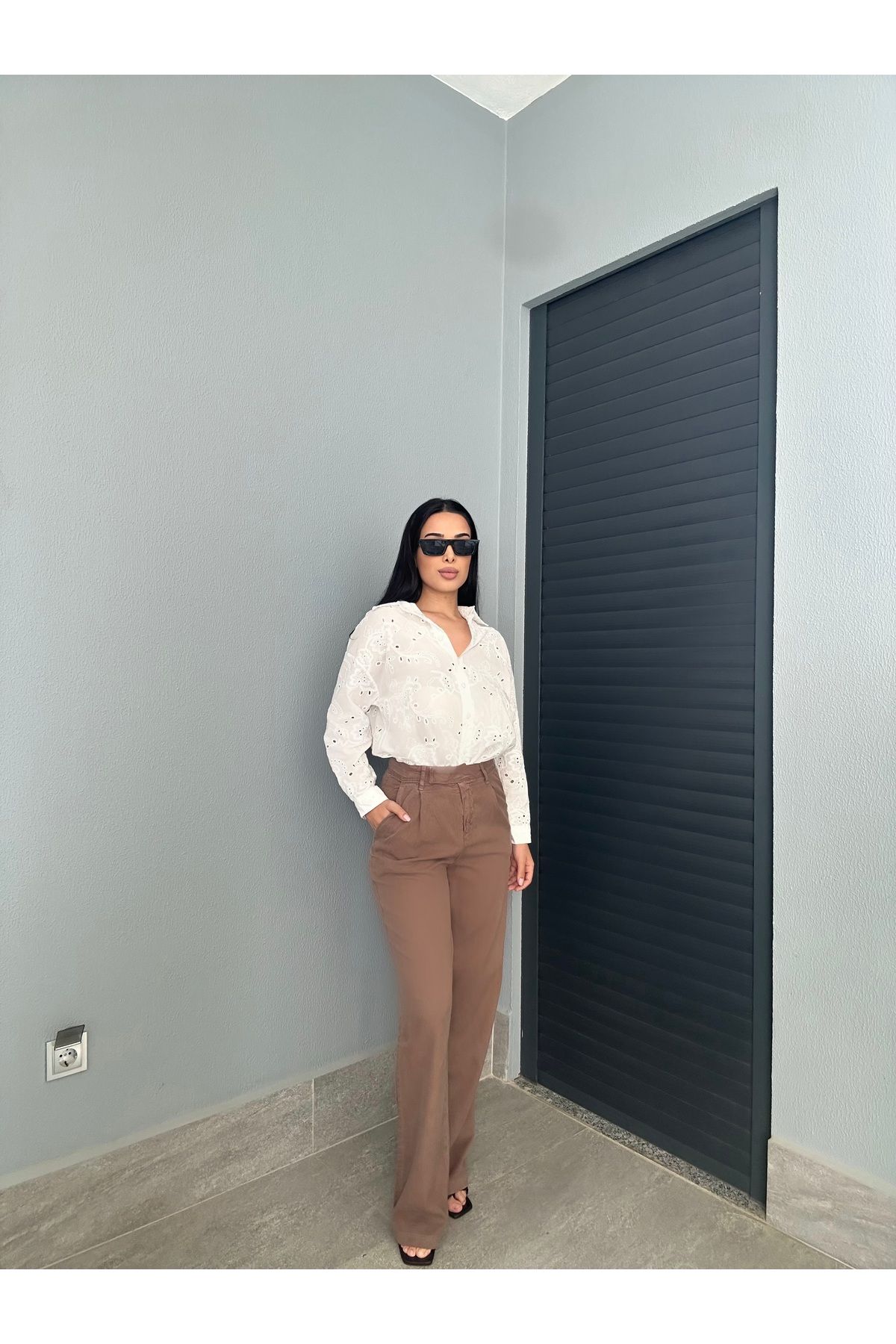 NurKaraBoutique Kahverengi Pamuklu Keten Pantolon