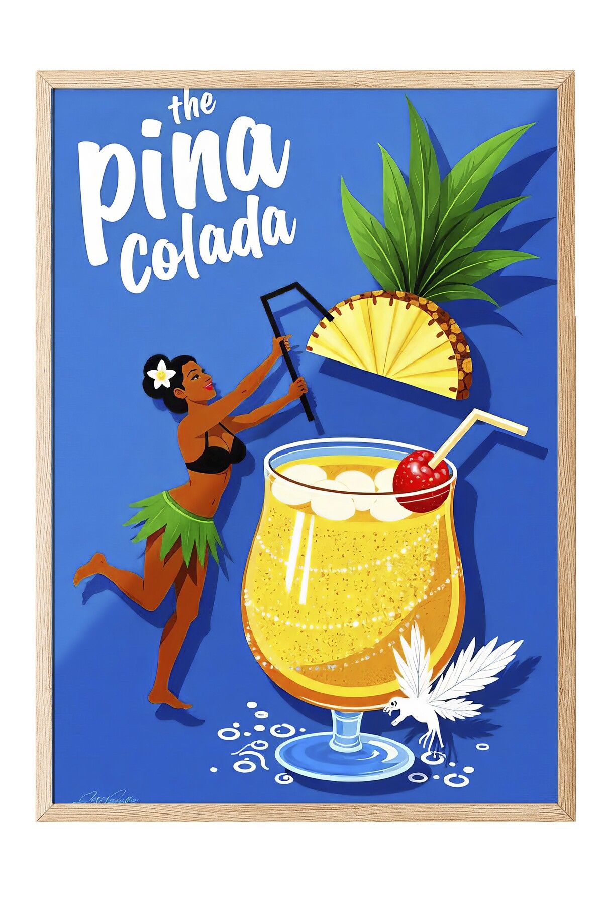 Postifull Ahşap Çerçeveli Tablo, Pina Colada, İllüstrasyon, Maximalist, Lacivert Renk Poster, 2025 Yaz Seçkisi