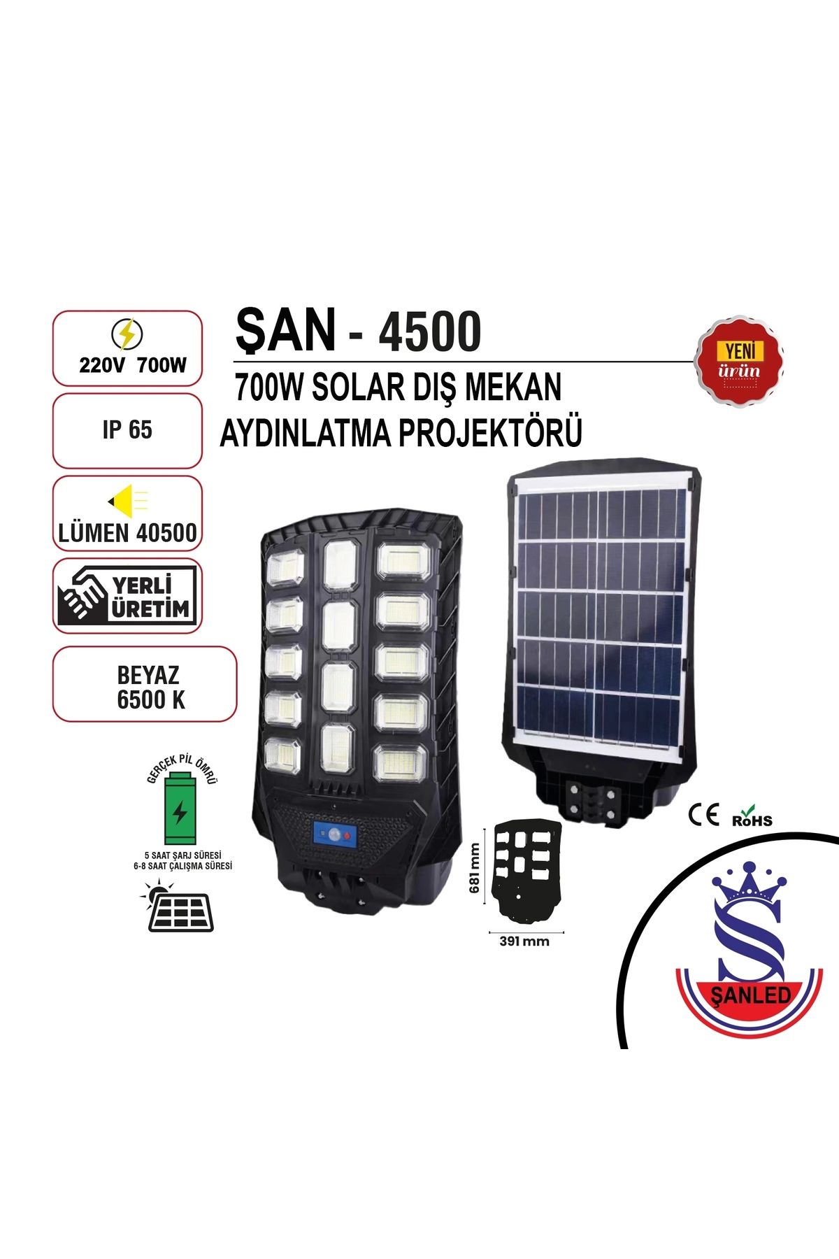 ŞANLED 700w Güneş Enerjili Profesyonel Bahçe Sokak Dış mekan Aydınlatma Projektör 10 Adet
