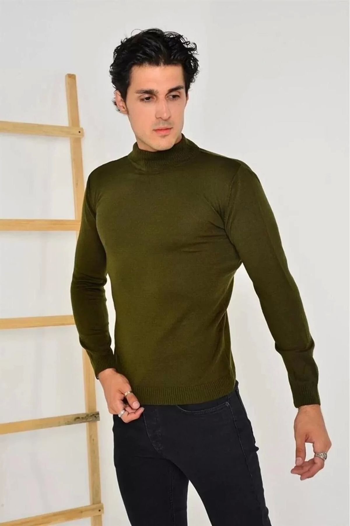 BÜŞRA TEZEL MODA Erkek Tam Balıkçı Yaka Düz Renk Kazak - Yeşil