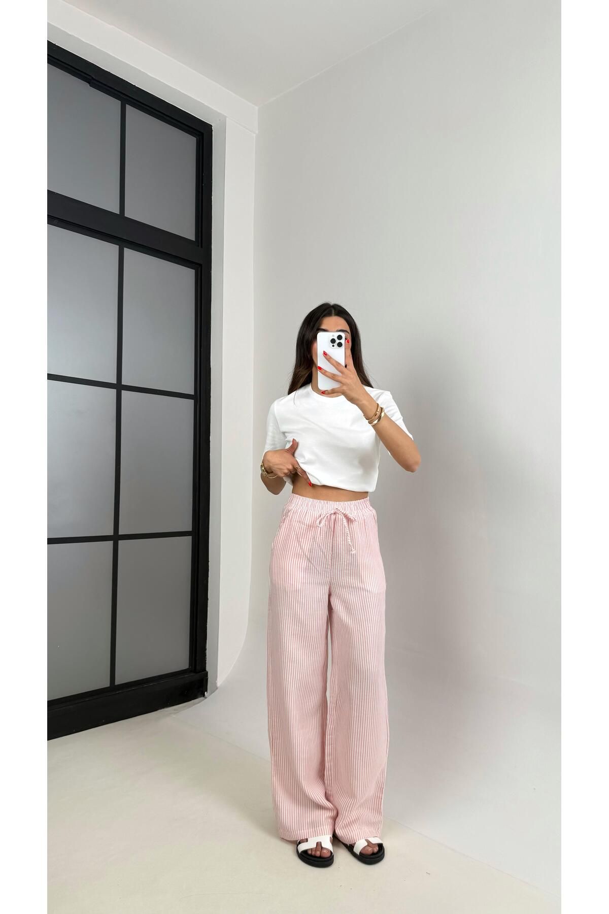 Gaus Pembe Beyaz Şeritli Beli Lastikli Keten Pantolon Gaus00479