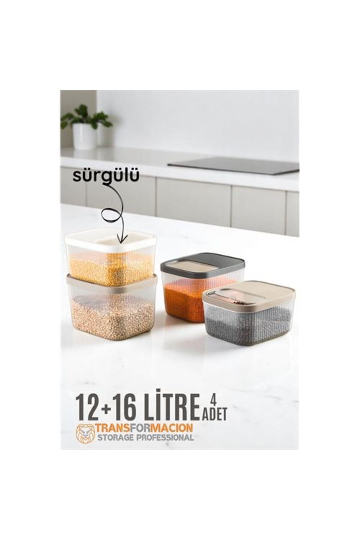 Toptan Bulurum Erzak Bakliyat Kutusu Sürgülü Kapak Saklama Kabı 12 ve 16 Litre 4 lü