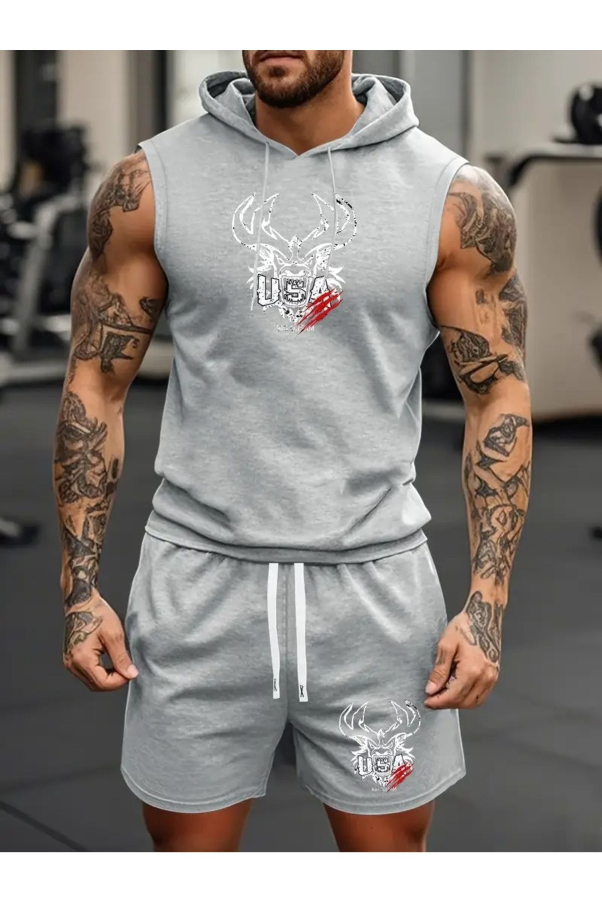 ACTIVE MODA -ERKEK GYM SPOR ATLET-ŞORT 2Lİ TAKIM PAMUKLU BASKILI
