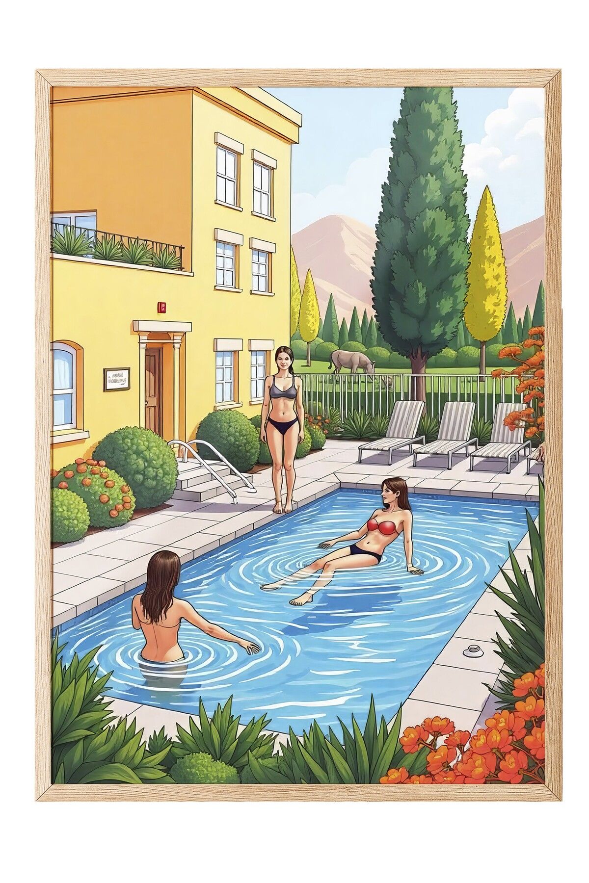 Postifull Ahşap Çerçeveli Tablo, Havuz Partisi, İllüstrasyon, Maximalist, Mavi Renk Poster, 2025 Yaz Seçkisi,
