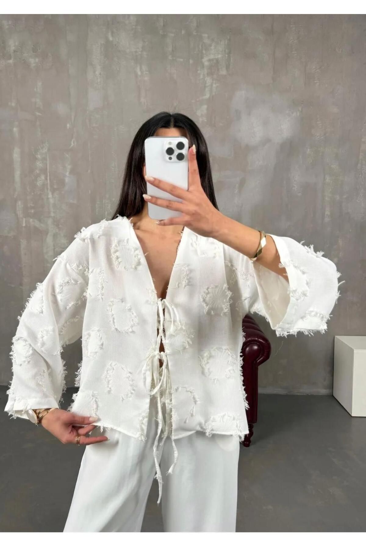 YS BUTİK Püsküllü Bağlama Detaylı Kimono