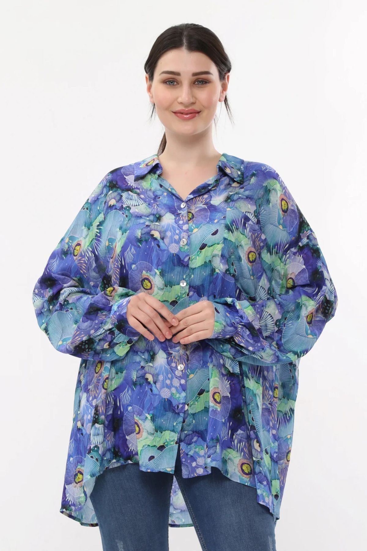 Butik Ayseba BUTİK AYSEBA KADIN İPEK VİSKON DESENLİ BÜYÜK BEDEN GÖMLEK