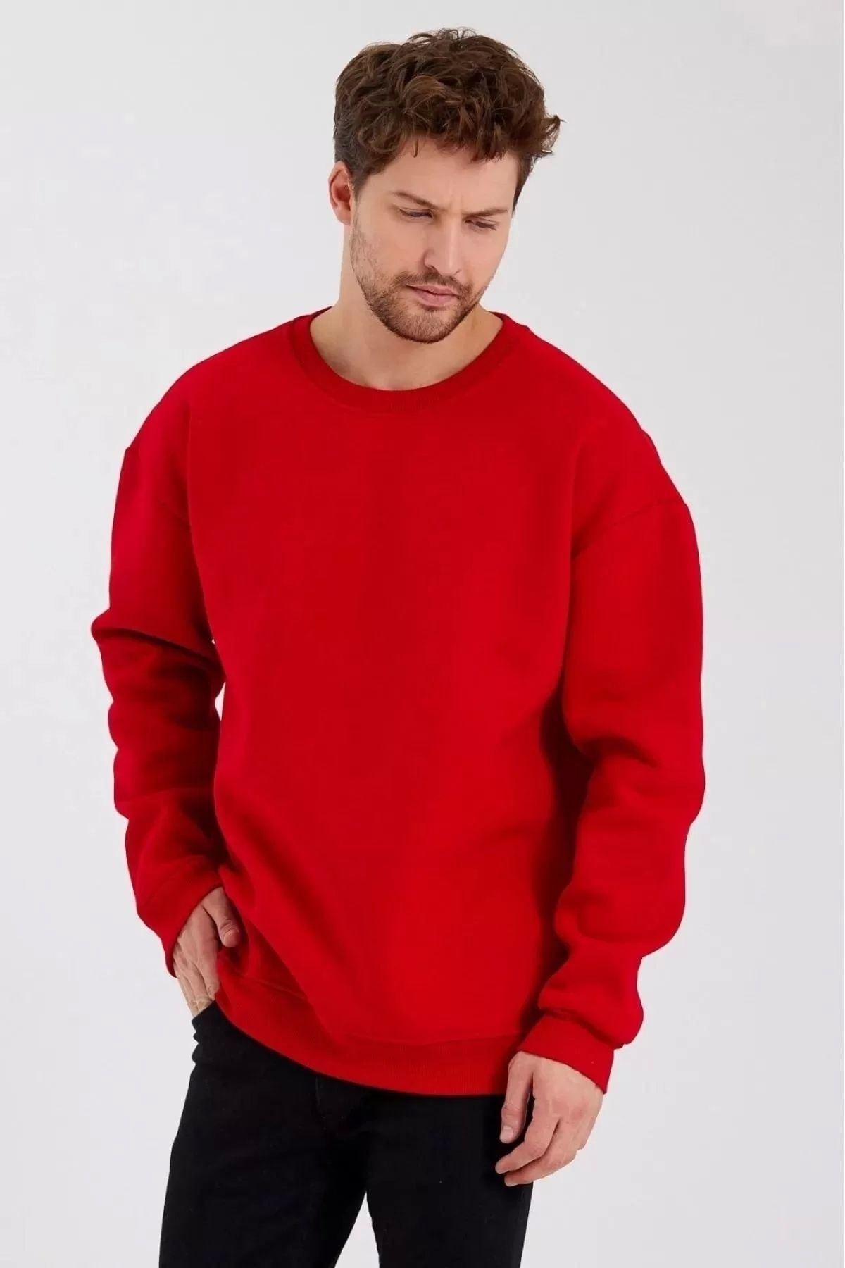 BÜŞRA TEZEL MODA Erkek Düz Renk Bisiklet Yaka Sweat - Kırmızı