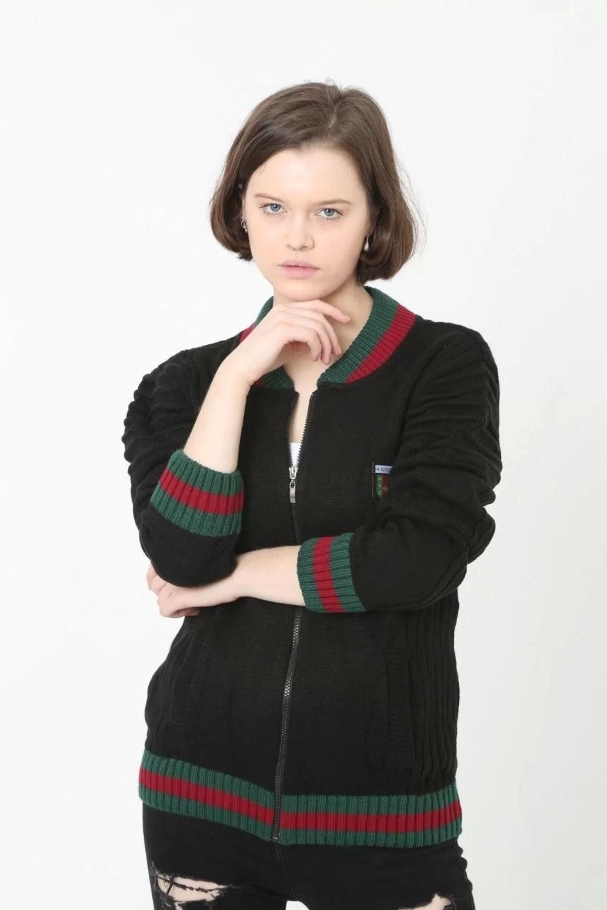 BÜŞRA TEZEL MODA Kadın Tam Fermuarlı Triko Hırka - Siyah