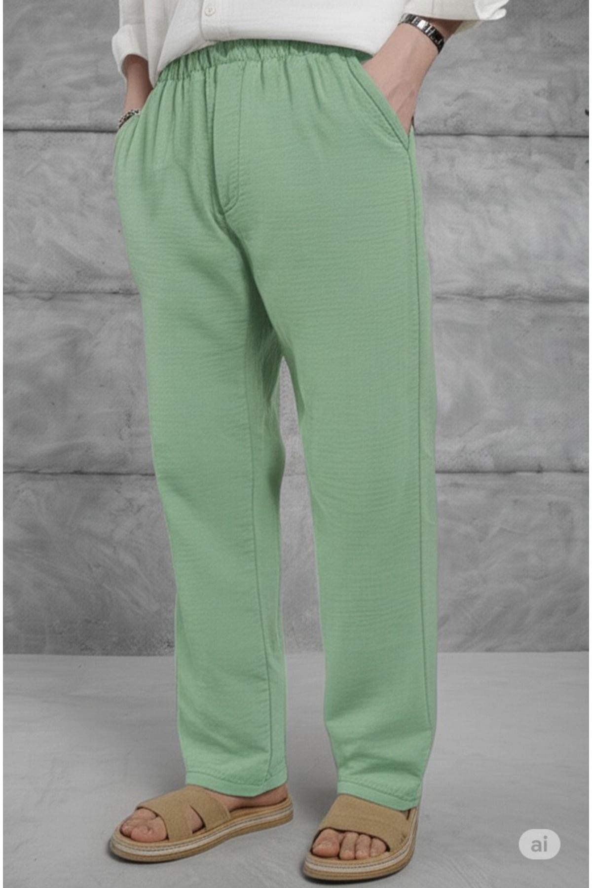 NO 601 Erkek Çağla Yeşili Yazlık Müslin Keten Karışımlı Kumaş Rahat Kesim Pantalon