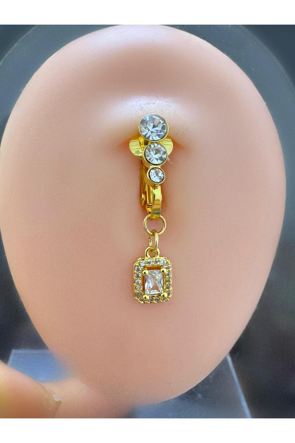Arescollection DELİKSİZ ( Delik gerektirmeyen) klpsli fake zirkon baget taşlı göbek piercingi