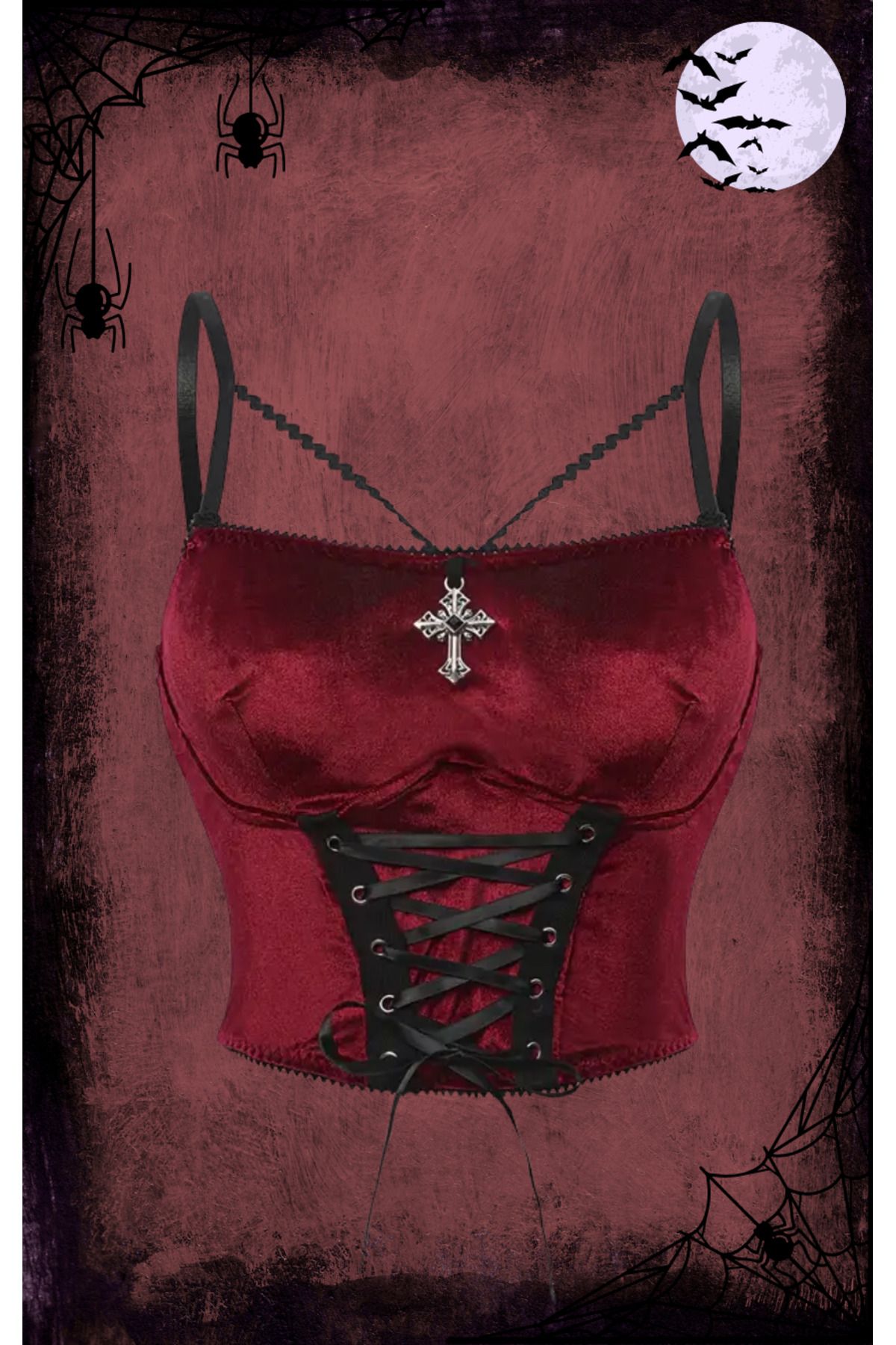 Mournbelle Gotik Haç Detaylı Askılı Crop Bluz