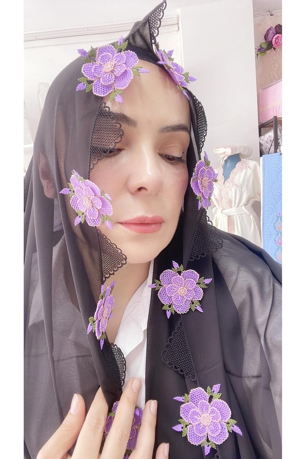 AHSEN TASARIM ipek ipten iğne oyalı krep namaz tülbenti