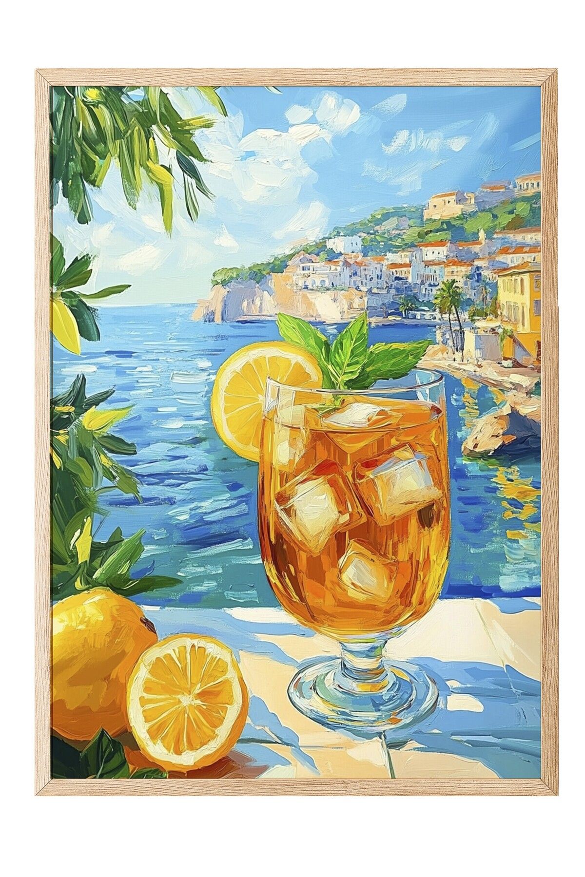Postifull Ahşap Çerçeveli Tablo, Cam, Limon, Deniz, Empresyonist, Akrilik Resim, Mavi, Sarı Renk Poster, 2025