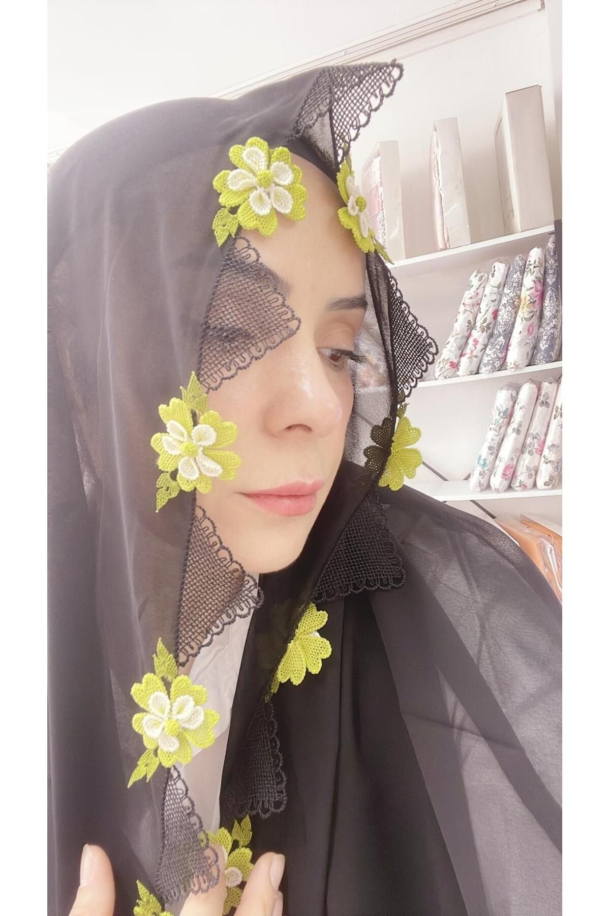 AHSEN TASARIM ipek ipten iğne oyalı krep namaz tülbenti
