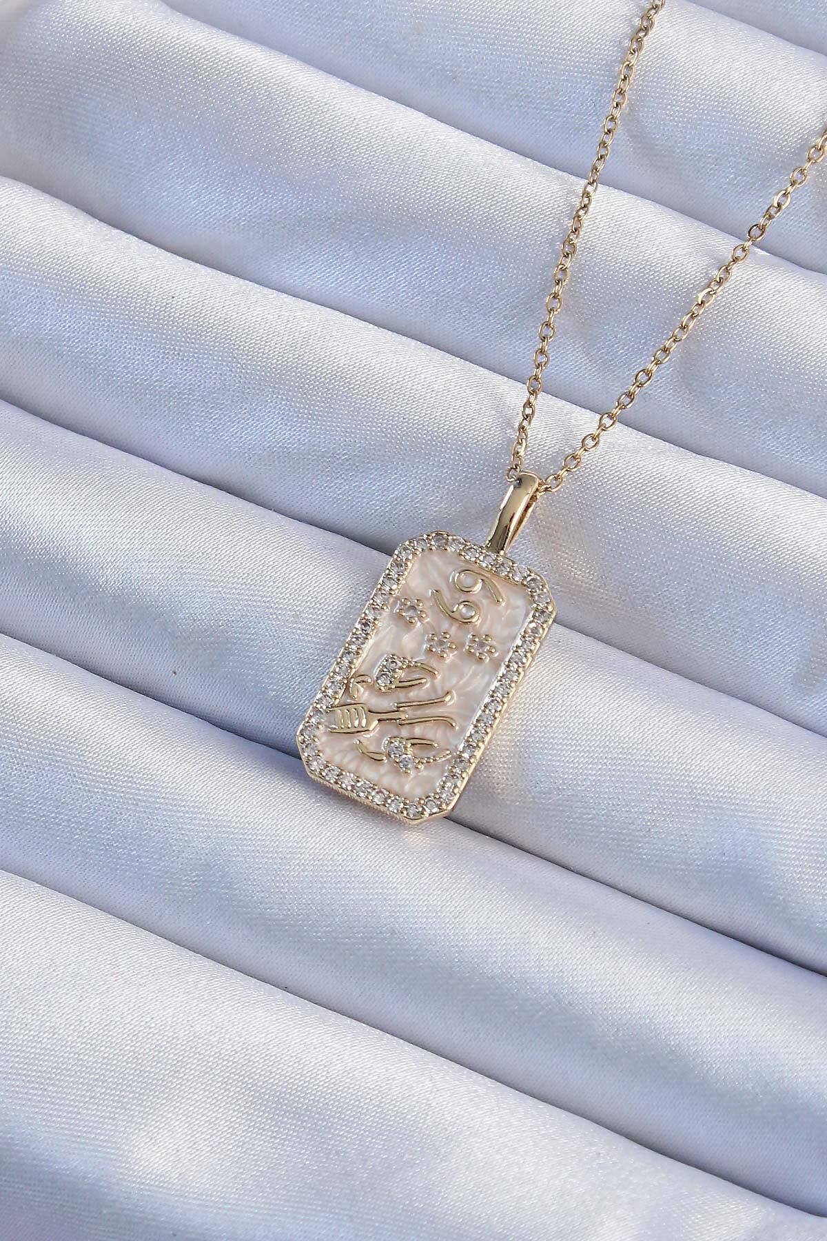 NEZADE STORE 316L Çelik Zincir Altın Renk Zirkon Taşlı Çerçeveli Tarot Kolye