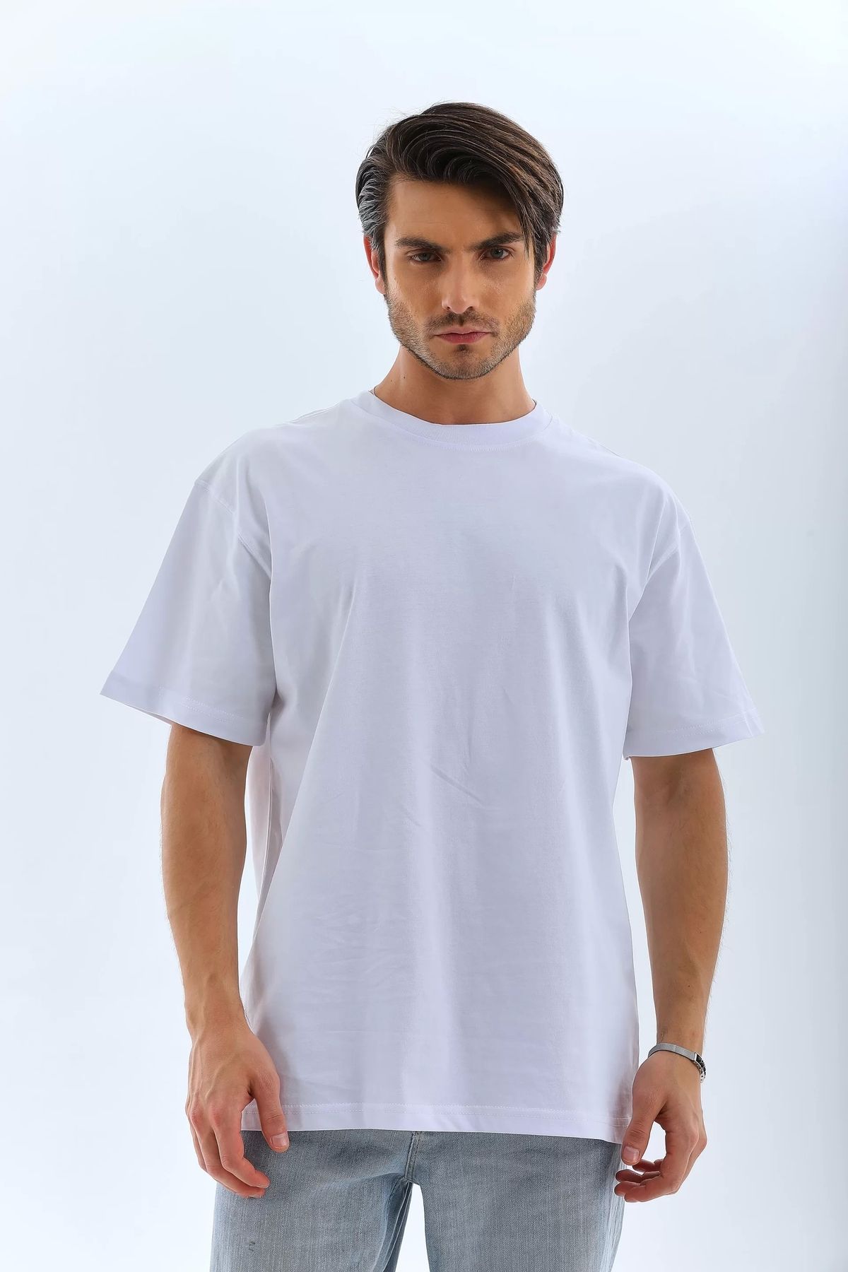 BÜŞRA TEZEL MODA Unisex Oversize Düz Bisiklet Yaka T-Shirt - Beyaz