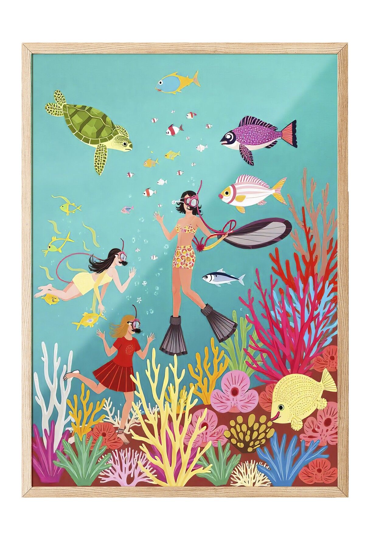 Postifull Ahşap Çerçeveli Tablo, Denizde Keşif, İllüstrasyon, Maximalist, Renkli Renk Poster, 2025 Yaz Seçkisi