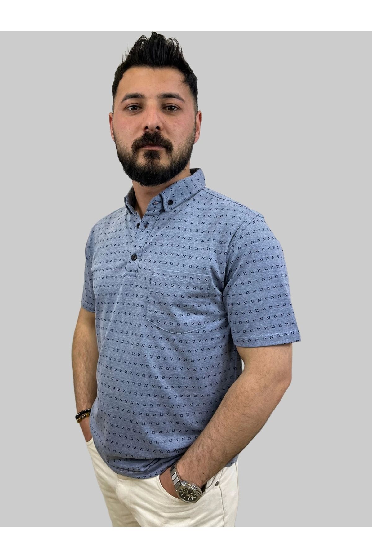 daniel milano Erkek Bymn Desenli Cepli Polo Yaka Mavi Tişört