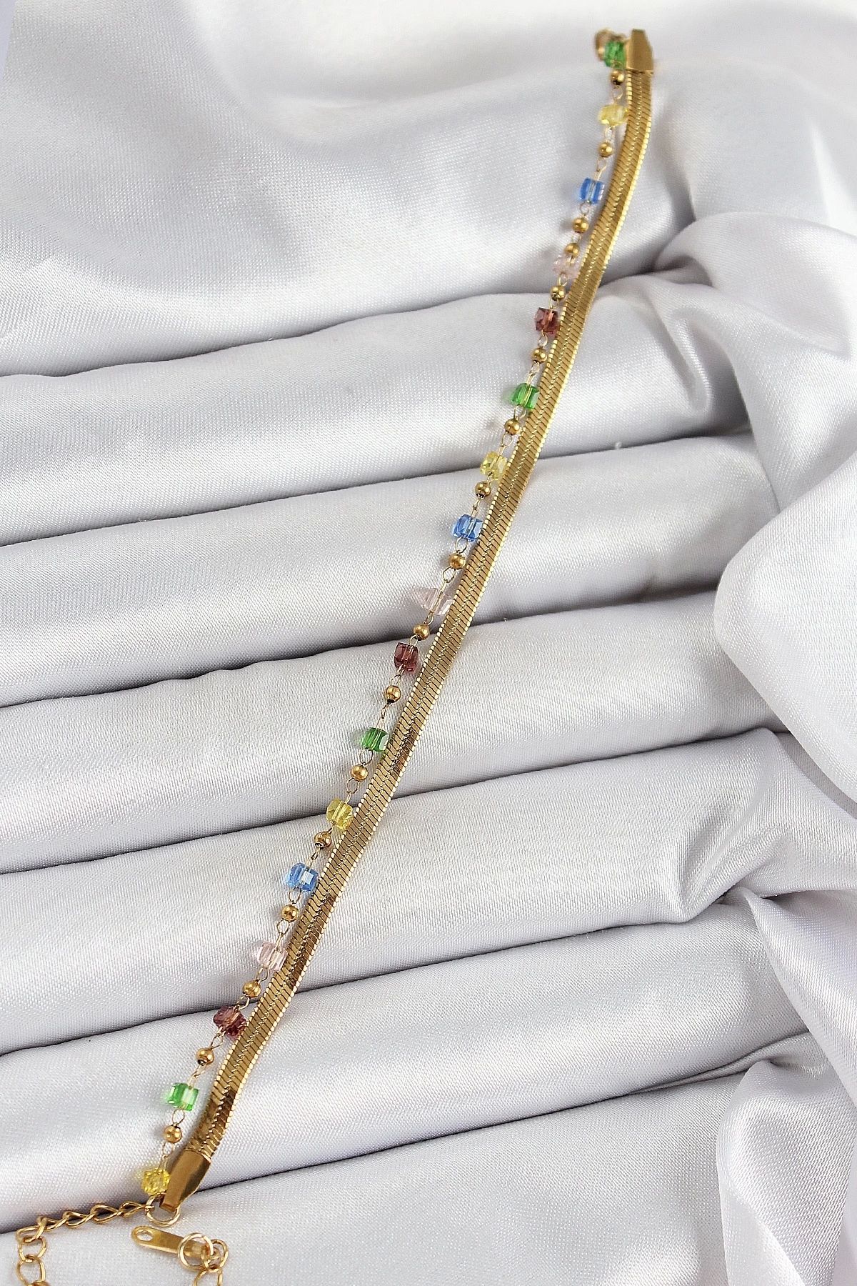 GLIMMERY 316L Çelik Gold Renk Karışık Renkli Kristal Taşlı Kadın Bileklik