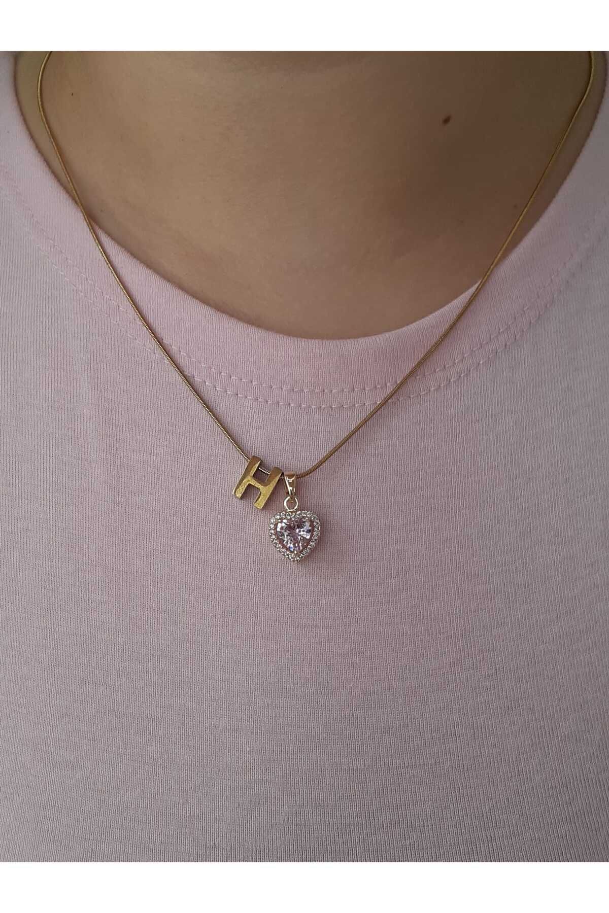 bijoux uniques Gold Pembe Kalpli H Harfli Çelik Kolye