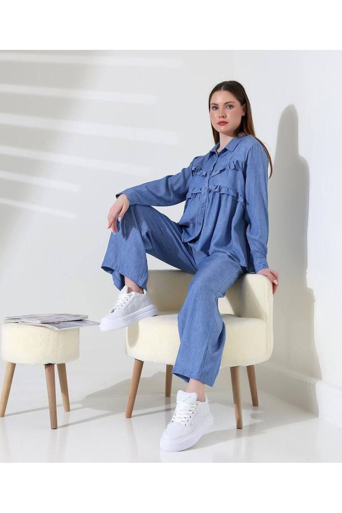 Butik Kot Görünümlü Pantolonlu Gömlek Takım