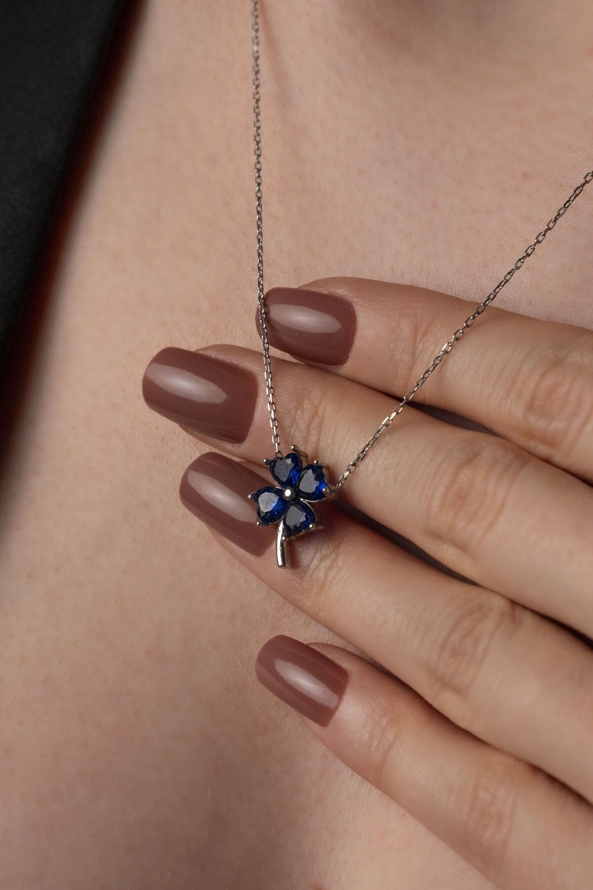 TigerxlJewellery 925 Ayar Gümüş Mavi Taşlı Dört Yaprak Yonca Kolye