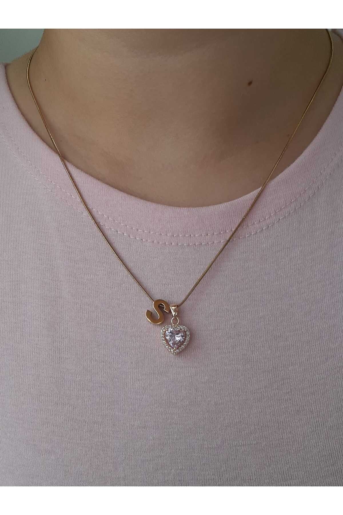 bijoux uniques Gold Pembe Kalpli S Harfli Çelik Kolye
