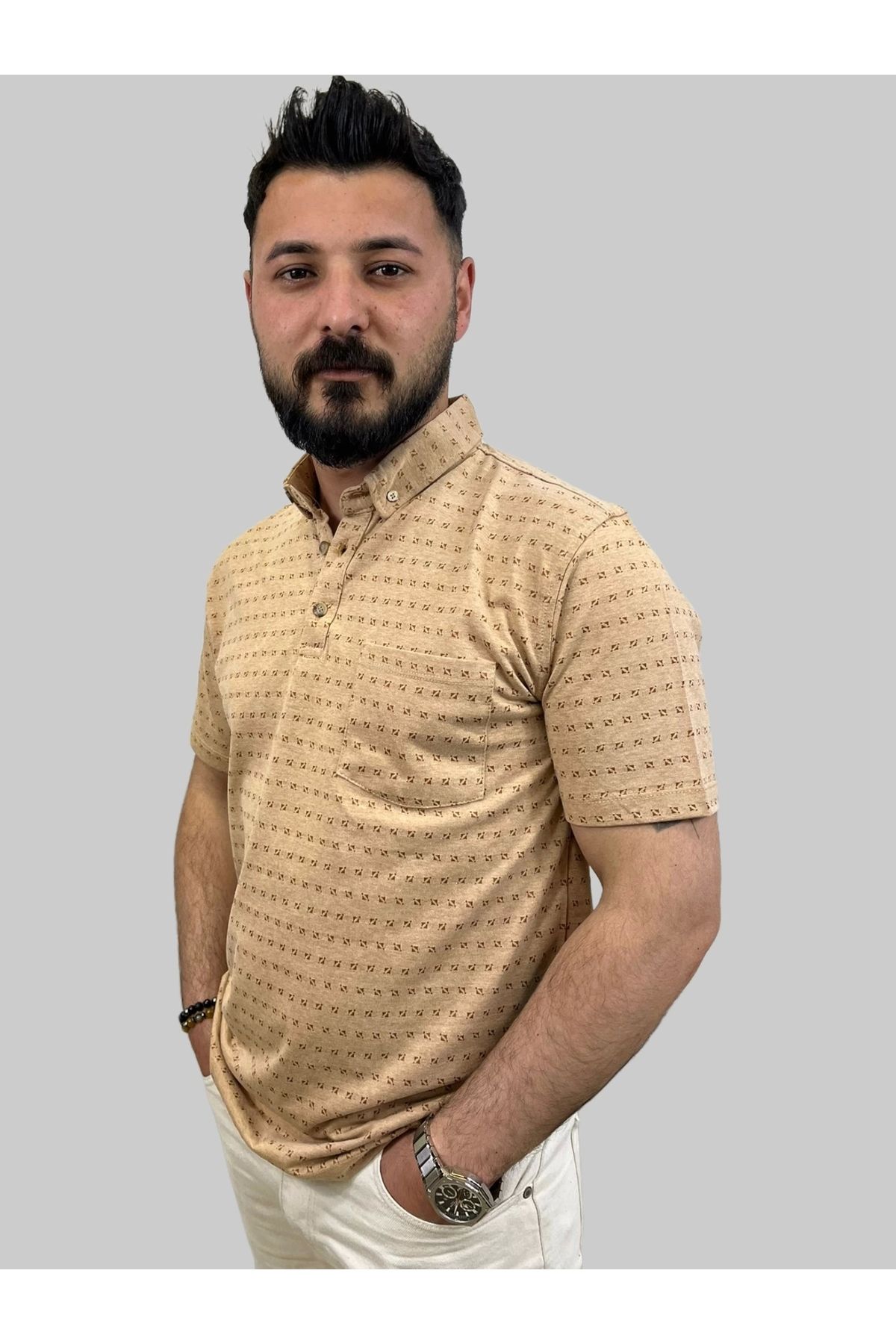 daniel milano Erkek Bymn Desenli Cepli Polo Yaka Sütlü Kahve Tişört