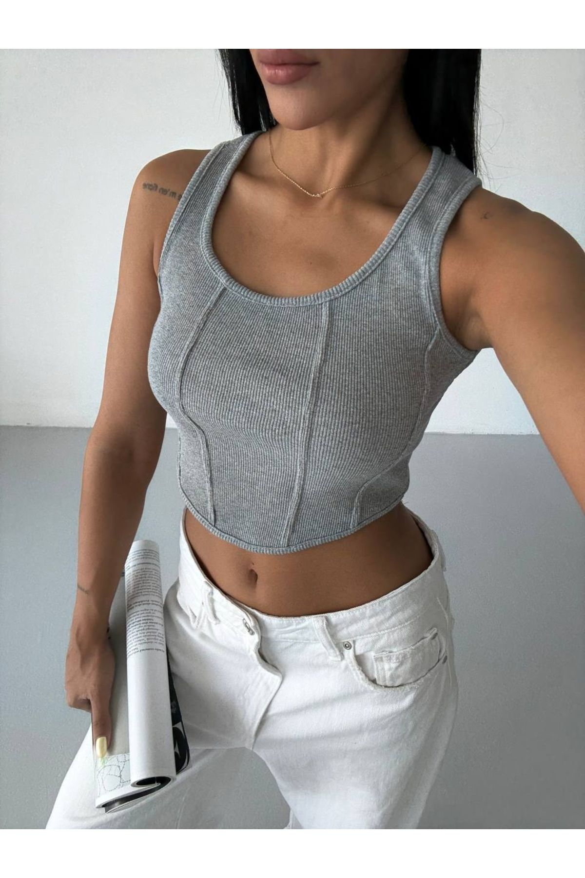 Buklemoda Kaşkorse Crop Bluz Gri