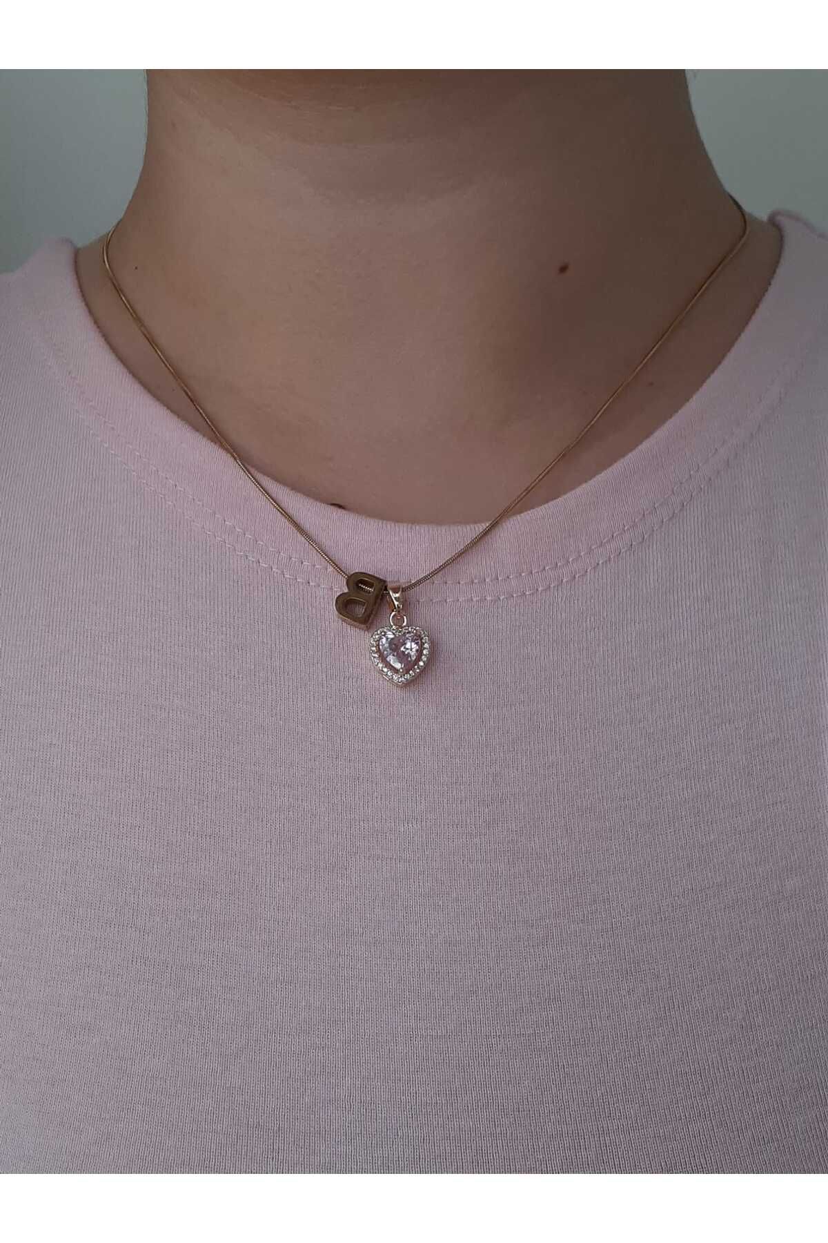 bijoux uniques Gold Pembe Kalpli B Harfli Çelik Kolye