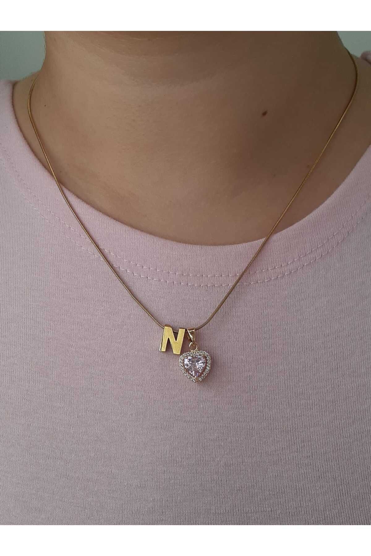 bijoux uniques Gold Pembe Kalpli N Harfli Çelik Kolye