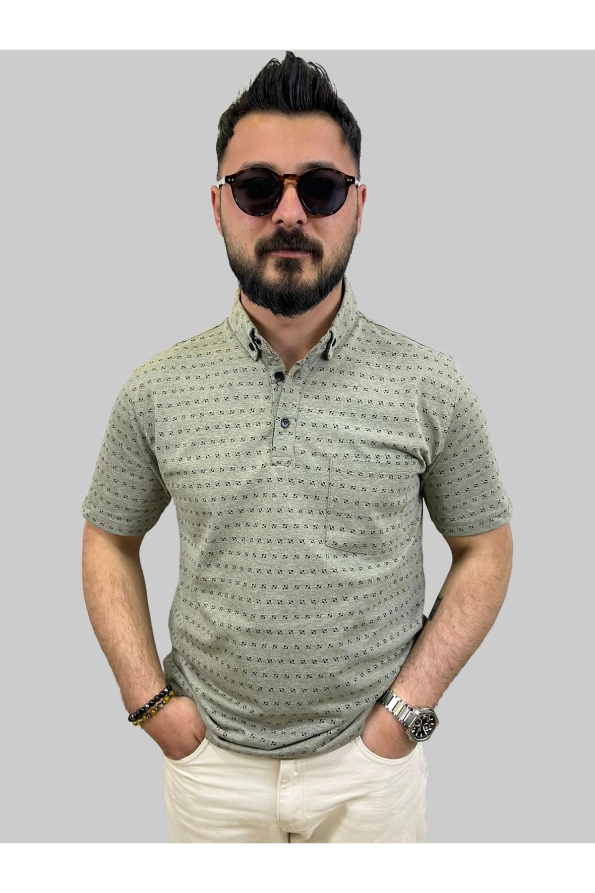 daniel milano Erkek Bymn Desenli Cepli Polo Yaka Su Yeşili Tişört