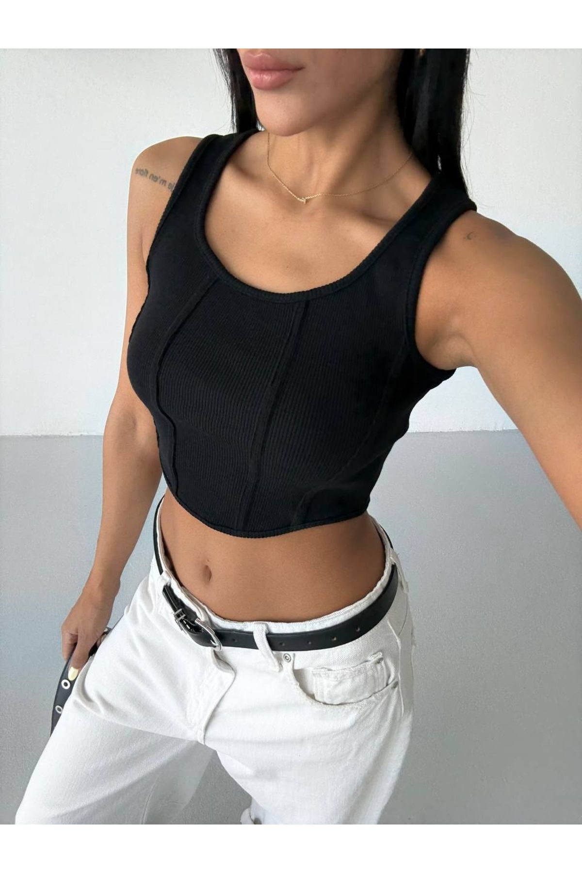 Buklemoda Kaşkorse Crop Bluz Siyah