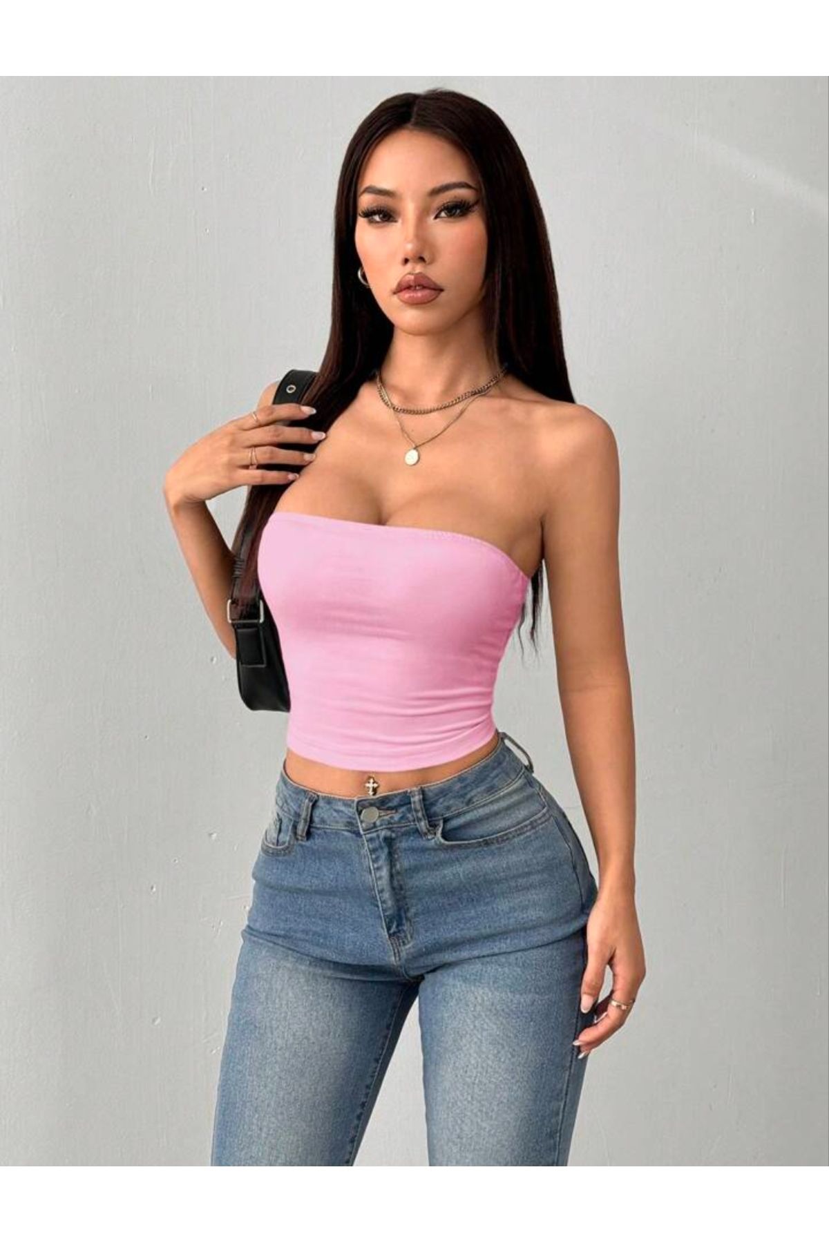 Olyssia TOZ PEMBE SÜPREM STRAPLEZ BÜSTİYER CROP / BASİC BLUZ BODY