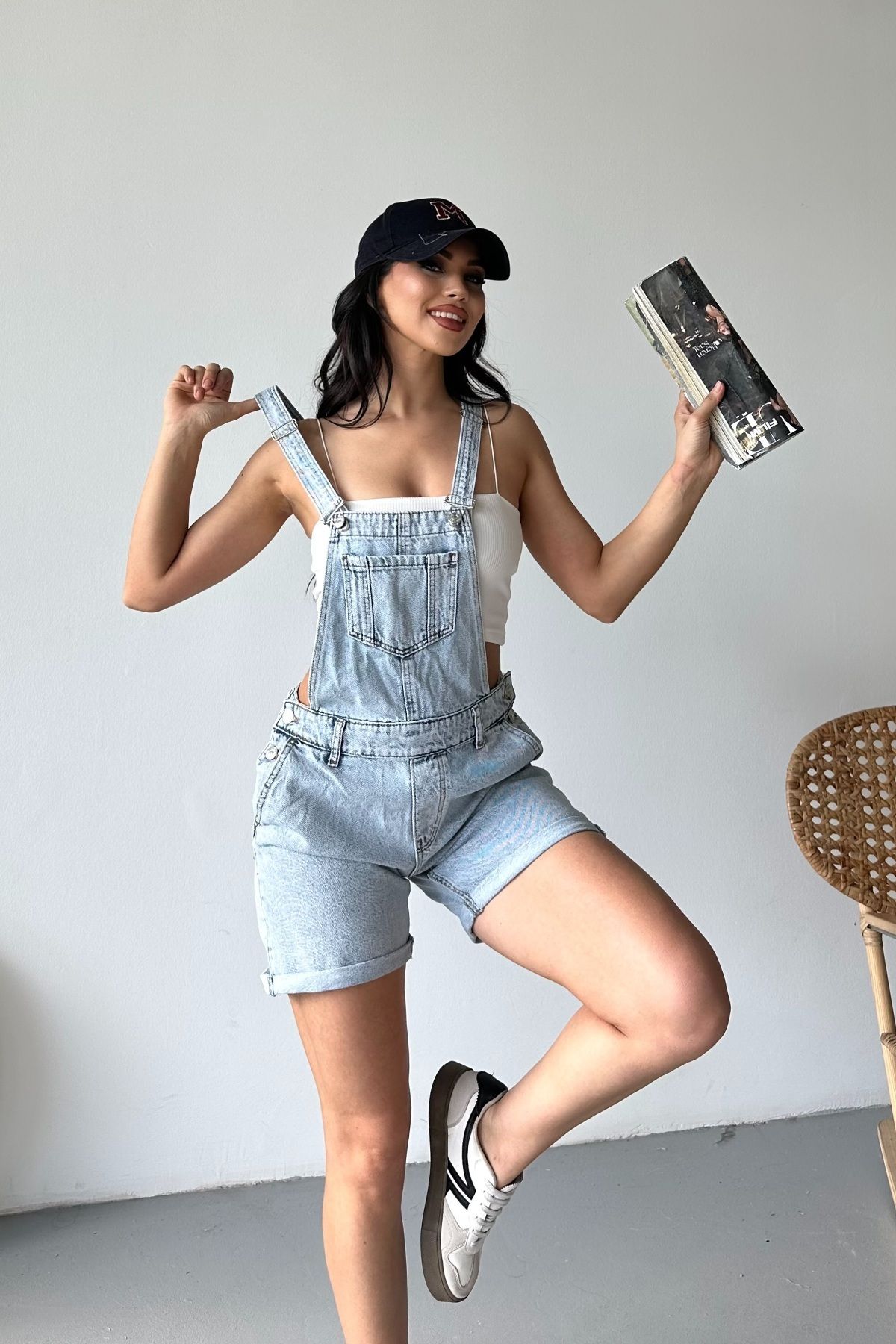 DESTEMODA Kadın Kot Askılı Şortlu Salopet Denim Buz Mavi 4504