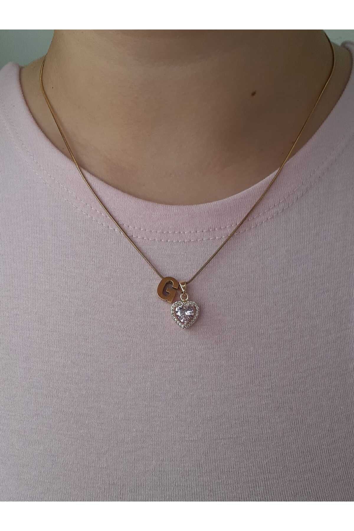 bijoux uniques Gold Pembe Kalpli G Harfli Çelik Kolye