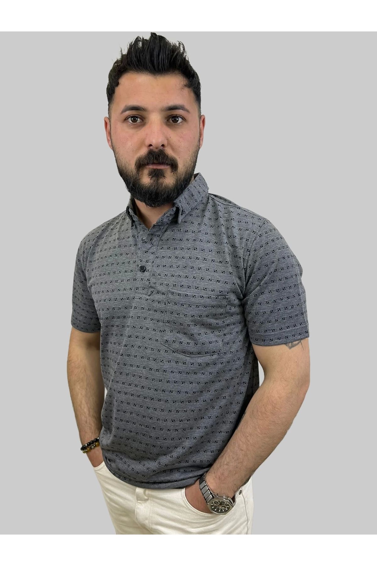 daniel milano Erkek Bymn Desenli Cepli Polo Yaka Antrasit Tişört