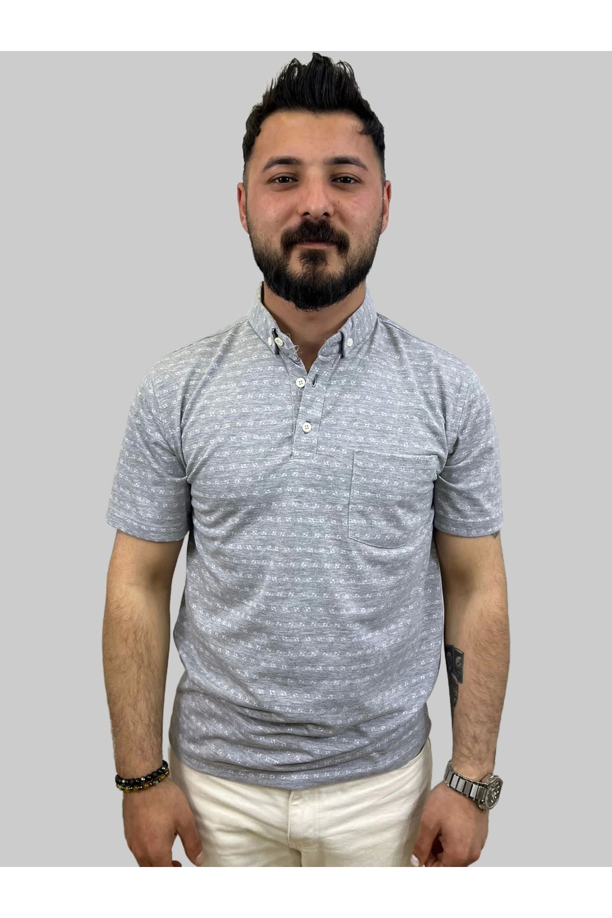 daniel milano Erkek Bymn Desenli Cepli Polo Yaka Gri Tişört